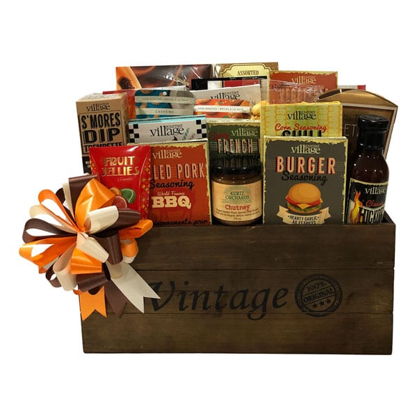 BBQ Bonanza Gift Basket filled with seasonings, cookies, chocolates, sweets and drink mixes.