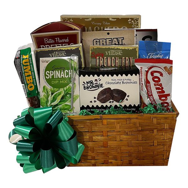 Mens BBQ and Snacks Gift Basket- Great Canadian beef jerky, crackers, sausage, Kalamata Greek olives, pretzels, burger seasoning, spicy French fry seasonings, nuts, Combos snack mix, brownies, dip mix all carefully arranged in a traditional wicker basket