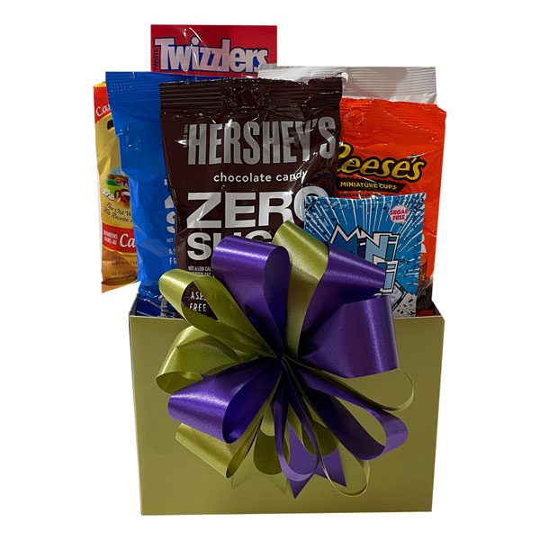 Sugar Free Zone filled with Reese's peanut butter cups, Hershey chocolates, Twizzlers, Werther's caramels, Jolly Ranchers, gum, pecan delights, all with no sugar added.