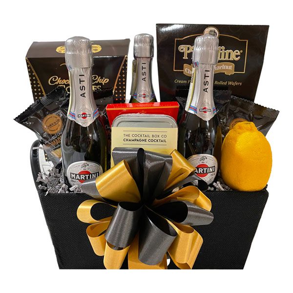 Champagne Tastes Gift Basket-filled with sparkling wine, cocktail kit and food pairings that go perfect with champagne!