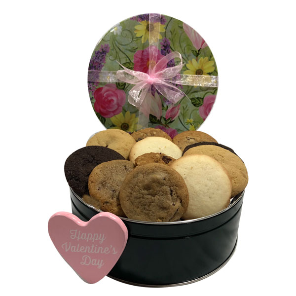 Valentine's Day Cookies in A Tin filled with 18 delicious cookies. 6 flavors: chocolate chunk, double chocolate, oatmeal raisin, white chocolate macadamia, peanut butter and shortbread.