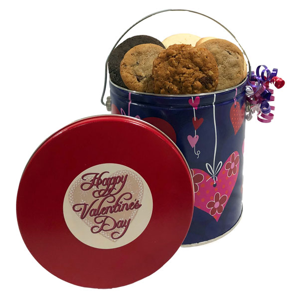 Valentine's Day Cookies-a large purple pail adorned with red hearts and streamers, filled with 36 delicious cookies. 6 flavors: chocolate chunk, double chocolate, oatmeal raisin, white chocolate macadamia, peanut butter and shortbread.