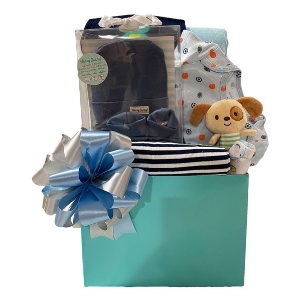 All For Baby Boy-a receiving blanket, a 4 piece set of a hat, 2 piece pajamas and booties in a gift box, a reversible chamois blanket (so fluffy!), a wash cloth, a onsie, a bib and a soft stick rattle.