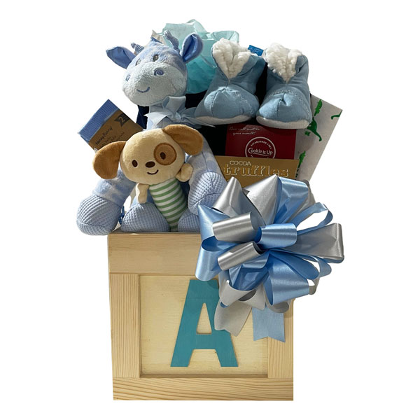Baby Box designed for a baby boy and mommy and filled with 2 pairs of socks, a plush animal, baby booties, a soft rattle, a onsie, receiving blanket and for mom, chocolate truffles, herbal tea and a box of Cookie It Up shortbread