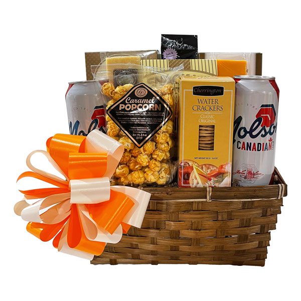 Beer and Munchies Gift Basket with popcorn, cheese, crackers, nuts, snack mix and of course beer!