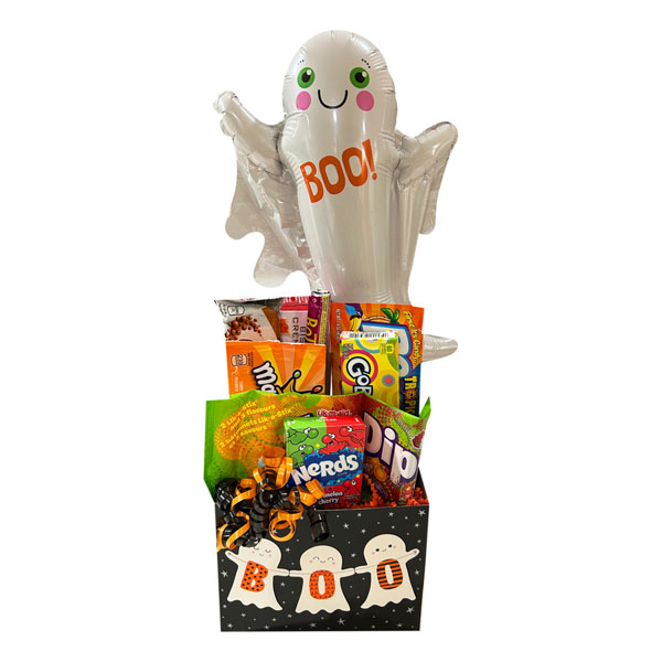 BOO! No Nut Halloween Gift Basket with Nerds, Bottlecaps, Gobstoppers, Fun Dip, Fuzzy Peaches, Aero, Razzles and more