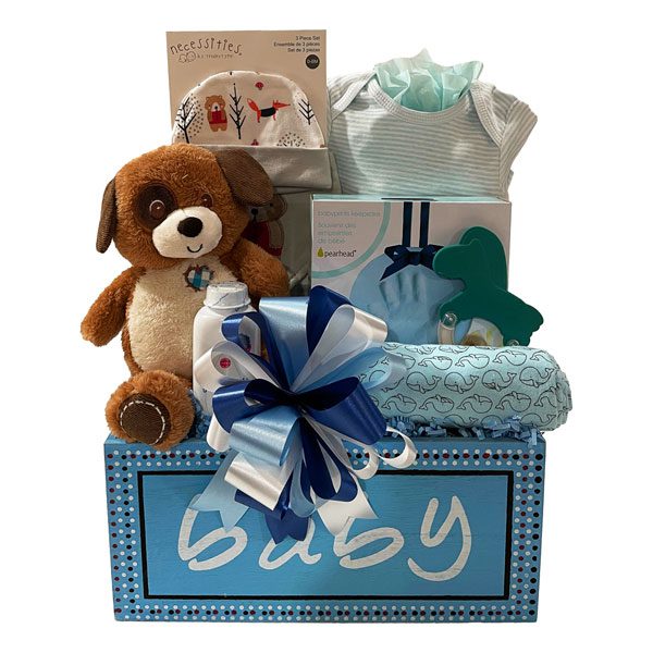 Boy Oh Boy Baby Gift Basket-includes hand print kit, plush toy, receiving blanket, rattle, onsie, bib and Johnson and Johnson product.