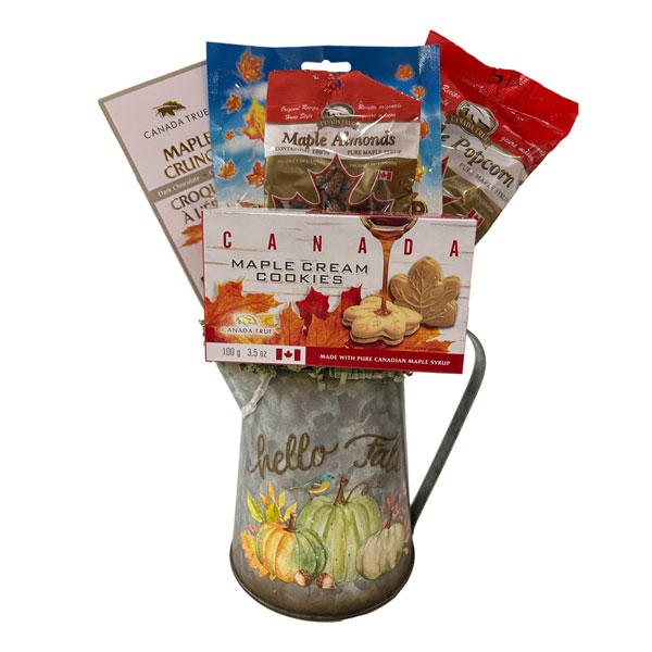 Canadian Footprint Gift Basket in a beautiful metal pitcher filled with Canadian maple nuts, cookies, candies, chocolates and more!