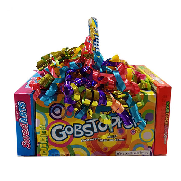 Candy Basket-Theater size Gobstoppers, Sweetarts, Sour Patch Kids, Mike & Ike, a Laffy Taffy rope handle and filled with fruity Tootsie Rolls.