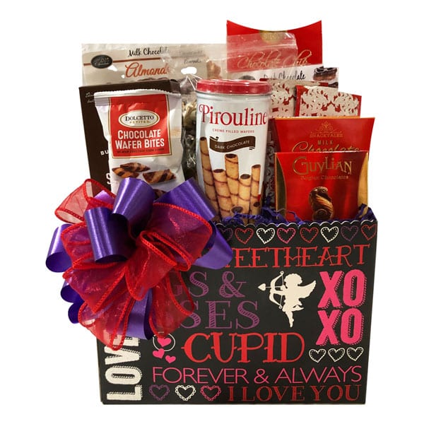 Chocolate Lovers Gift Basket-filled with premium chocolates and chocolate food items.
