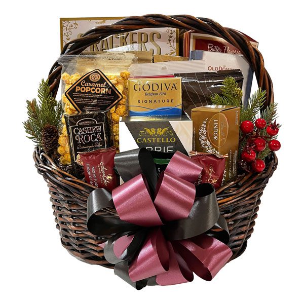 Christmas Express Gift Basket with crackers, pretzels, Godiva, caramel popcorn, brie cheese, Lindor truffles, Laura Secord Fudge, candy, coffee, peanut crunch, cookies, caramels and chocolates