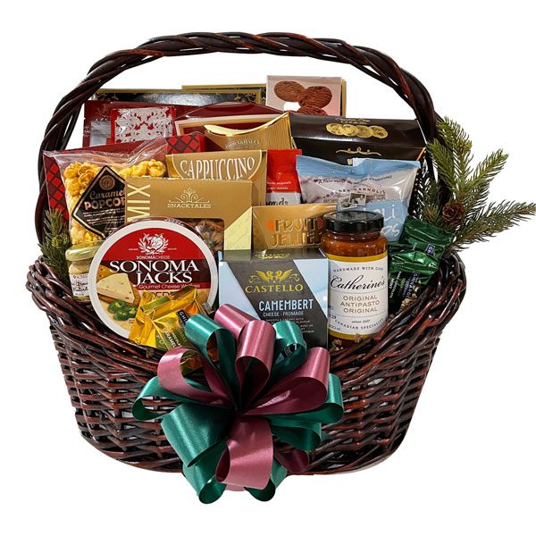 Christmas Gift Of Distinction Gift Basket-Ghirardelli, Pizazz fruit jellies, Antipasto, smoked salmon, butter pretzels, sweet and hot mustard, appetizer crackers, large box of sugar cookies, brie cheese, chocolate grahams, snack mix, chocolate chip cookies, fudge, cannoli, maple almonds, cappuccino, caramel popcorn, brownie cookies, cocoa dusted truffles, Sonoma Jack cheese.