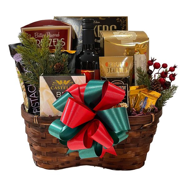 Christmas Luxury Wine Gift Basket with cheese, crackers, cashew roca, nuts, pretzels, Tuscan crisps, French truffles, Godiva and your choice of wine.