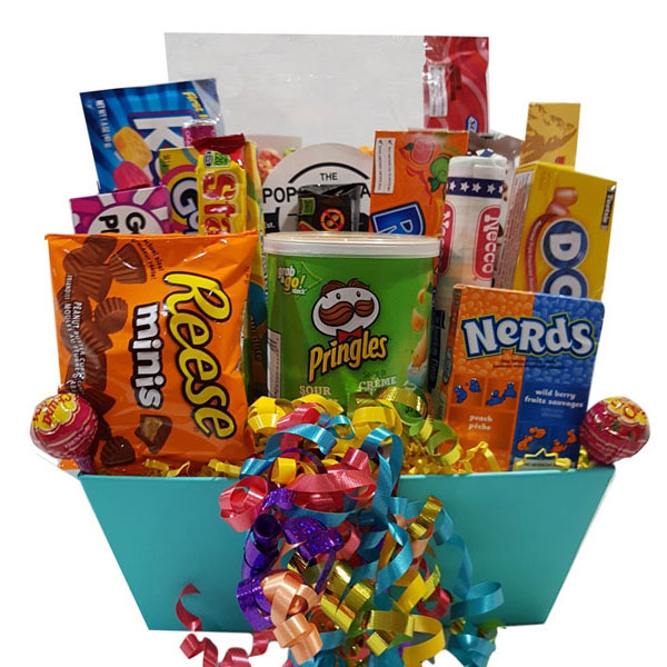 Classic Candy Bouquet-Reese minis, Pringles potato chips, Nerds, Dots, Necco, Mars, Runts, Good N Plenty, Starburst, Gobstoppers, candy popcorn, Razzles, Toblerone, Licorice and more!
