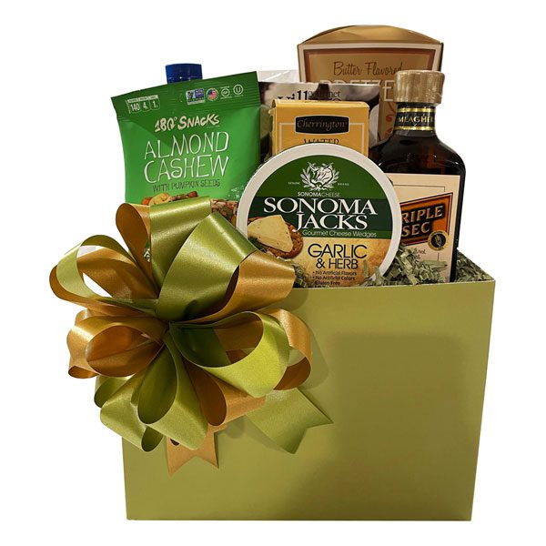 Coco-Lime Margarita Gift Basket with cheese, crackers, snack mix, pretzels and caramel corn