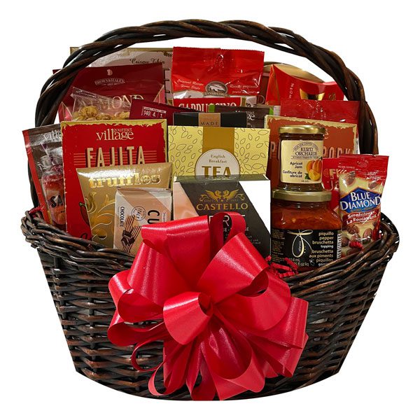 Cornucopia-tea, brie cheese, maple popcorn, butter pretzels, smoked salmon, appetizer crackers, almond roca, sugar cookies, maple almonds, caramel popcorn, cranberry pomegranate clusters, fruit spread, cocoa dusted truffles and more.