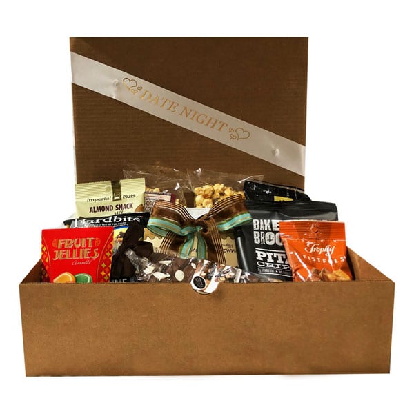 Date Night gift box filled with great snacks to enjoy during an at home date night.
