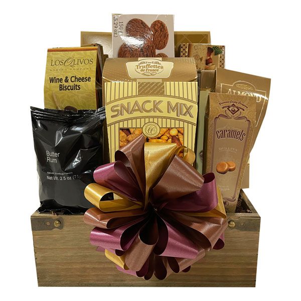 Downtown Gift Basket-filled with snack mix, caramels, biscuits, cookies, biscotti, brownies, truffles and more