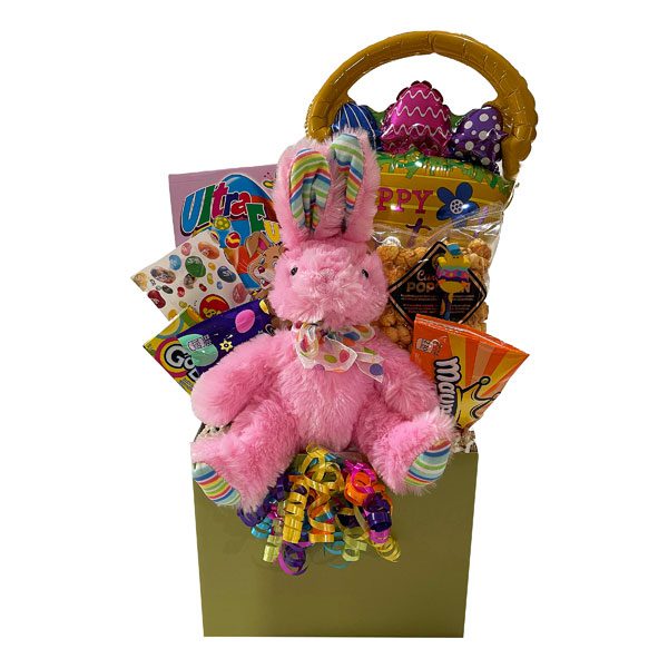 Easter Perfection-Girl Gift Basket has it all, Easter chocolates, a plush bunny, an Easter balloon, candy, an activity book and an Easter pencil