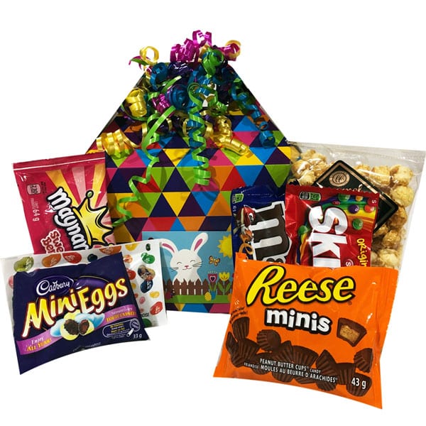 Easter To Go Gift Tote with Reese's minis, Cadbury mini eggs, Maynard Swedish Berries, Skittles, M&M's, Jelly Belly Jelly Beans and caramel popcorn.