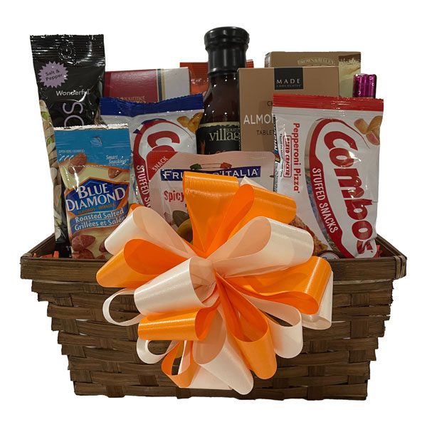 Especially For You Gift Basket with pistachio nuts, premium chocolates, sauces, dips, caramel popcorn, almond roca and old fashioned candies