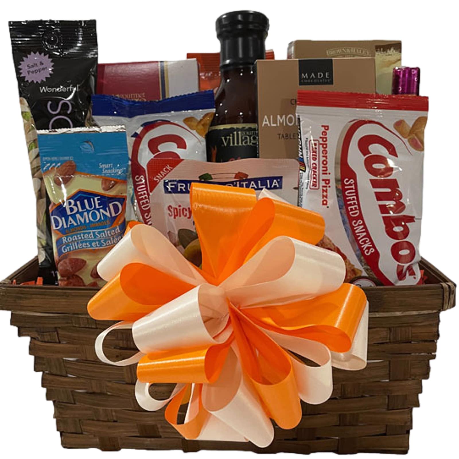 Especially For You-Bottlecaps, Pringles potato chips, twice baked pretzels, savory popcorn, Combos snack mix (2), Mike & Ike candies, a bottle of gourmet bbq sauce and poutine seasoning