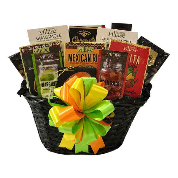 Fiesta Gift Basket with fahita seasoning, guacamole mix, Mexican rice, Taco Seasoning, Margarita and Sangria Mix, Lime Cilantro Dip, Snack Mix, Caramels, Beer Cheese, Crackers, Peanut Brittle and for dessert---Smores!