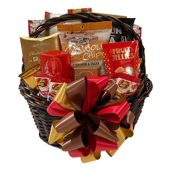 Food Fare For You Gift Basket has tons of gourmet treats like mini pretzels, toffee peanuts, cannoli chips, Jelly Belly, Ghirardelli, Baked In Brooklyn pita chips, chocolate covered grahams and so much more!