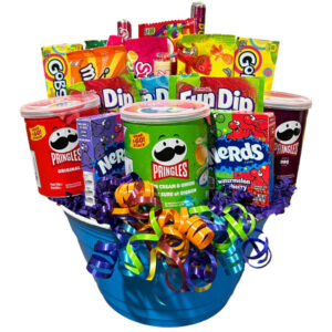 Funnertime Candy Bouquet with Chewy Sweetarts, Fuzzy Peaches, Skittles, Rockets, Skittles, Gobstoppers, Starburst, Rockets, Wonka Bottlecaps, Wonka Sweetarts, Fundip, Nerds, Pringles and Combo Snack Mix