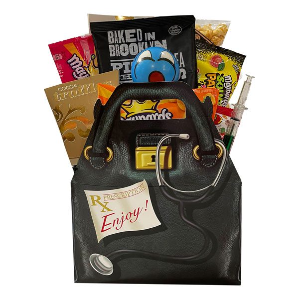 Get Well Gift Package-syringe pen, emoji stress ball, chocolate chip cookies, caramel popcorn, pita chips, truffles, Sour Patch Kids, Swedish Berries, Fuzzy Peaches