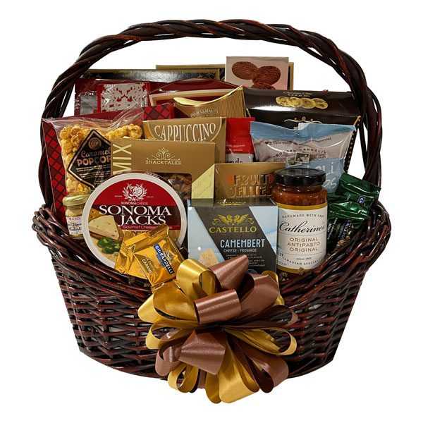 Gift Of Distinction Gift Basket-Ghirardelli, Pizazz fruit jellies, Antipasto, smoked salmon, butter pretzels, sweet and hot mustard, appetizer crackers, large box of sugar cookies, brie cheese, chocolate grahams, snack mix, chocolate chip cookies, fudge, cannoli, maple almonds, cappuccino, caramel popcorn, brownie cookies, cocoa dusted truffles, Sonoma Jack cheese.