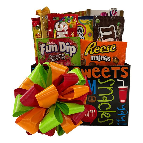 Gluten Free Candy Bouquet with Bottlecaps, Starburst, Sweetarts, Gobstoppers, M & M's, Fundip, Skittles, Reese's mini peanut butter cups, a Toblerone bar, Old Dominion Toffee, Old Dutch potato chips and 180 degree snack mix