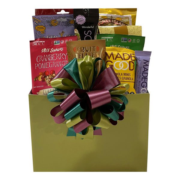 Gluten Free Gift Basket with 180 degree snacks, Made bars, pistachios, candies, fruit jellies, fudge, tea and chips
