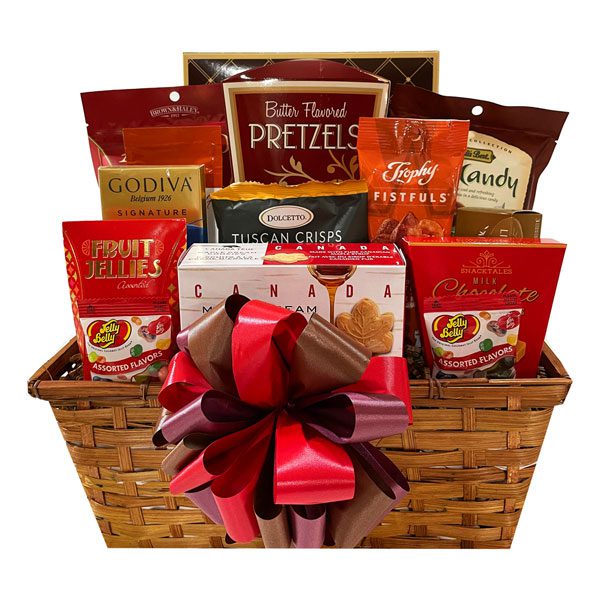 Goodies Gift Basket with cookies, Jelly Belly jelly beans, butter pretzels, almond roca, fruit jellies, maple cookies, Godiva chocolates and more.