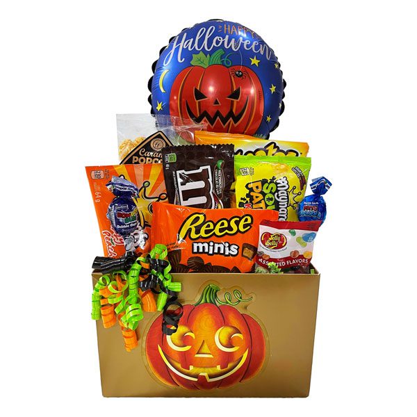 Halloween Fun Gift Basket, caramel popcorn, potato chips, Sour Patch, Fuzzy Peaches, Reese's mini's, lollipops and more