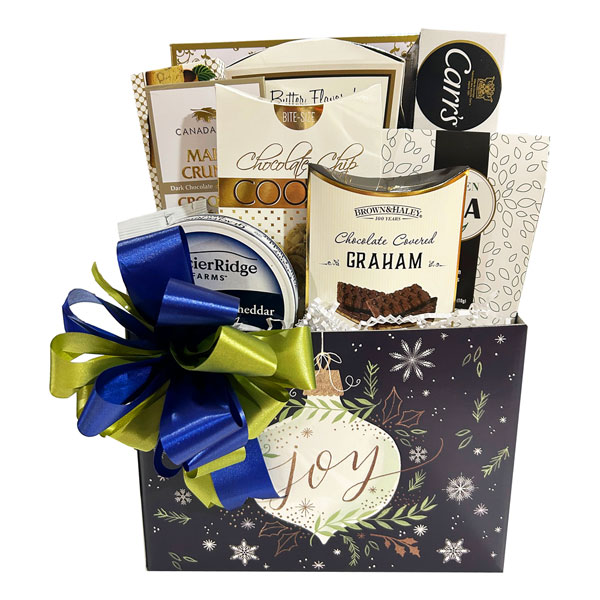 Happiest of Holidays Gift Basket includes appetizer crackers, white cheddar cheese, butter pretzels, cracked pepper crackers, almond biscotti, chocolate chip cookies, white green tea, chocolate graham, a jumbo maple crunch bar and cranberry and chocolate almonds