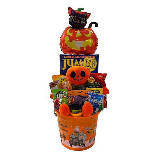 Hocus Pocus Halloween Gift Basket with a plush Halloween toy, an activity book, crayons, playdough, Skittles, potato chips, 2 lollipops, Jelly Belly Halloween candy, Rice Krispie Squares
