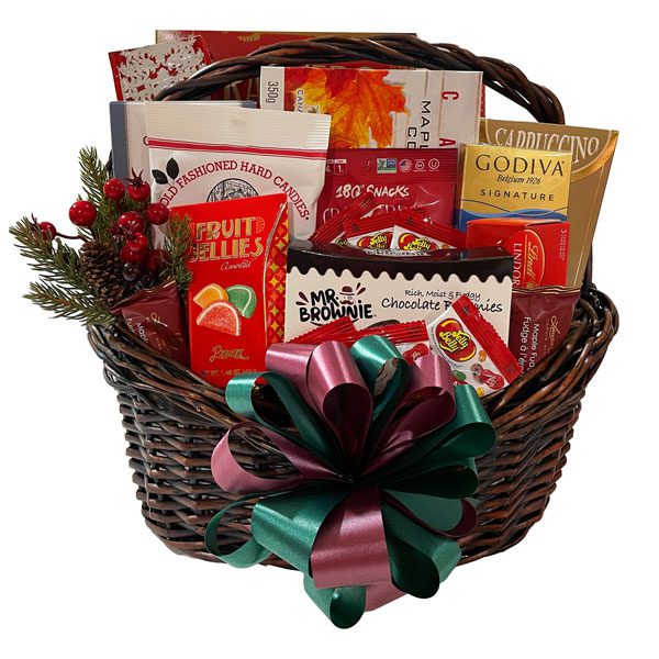 Holiday Impressions Gift Basket filled with gourmet cookies, Godiva chocolates, brownies, crackers, candies, biscotti, fudge, peanut crunch and more
