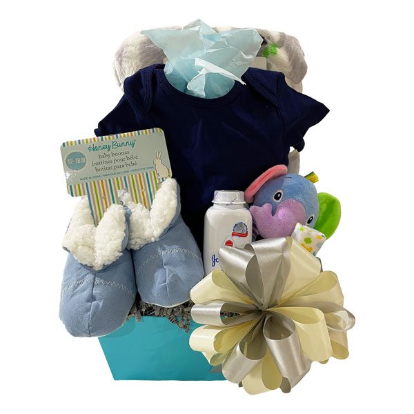Its A Boy-a luxurious fleece blanket that will be treasured, a pair of suede like baby booties, a onsie, a wash cloth, a plush premium ring rattle and a bottle of Johnson & Johnson baby powder.