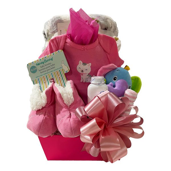 It's A Girl Gift Basket has a beautiful fleece blanket, onsie, booties, face cloth, baby powder and a plush toy