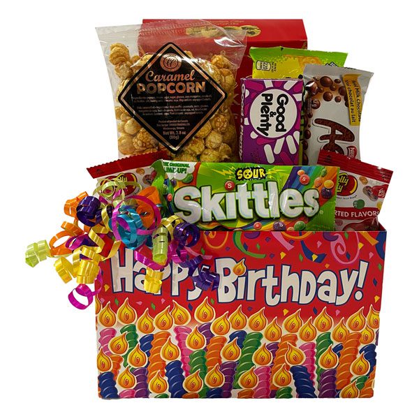 It's My Birthday Gift Basket-chocolate chip cookies, Jelly Belly jelly beans, an Aero chocolate bar, caramel popcorn, Sour Patch Kids, Skittles, Good & Plenty