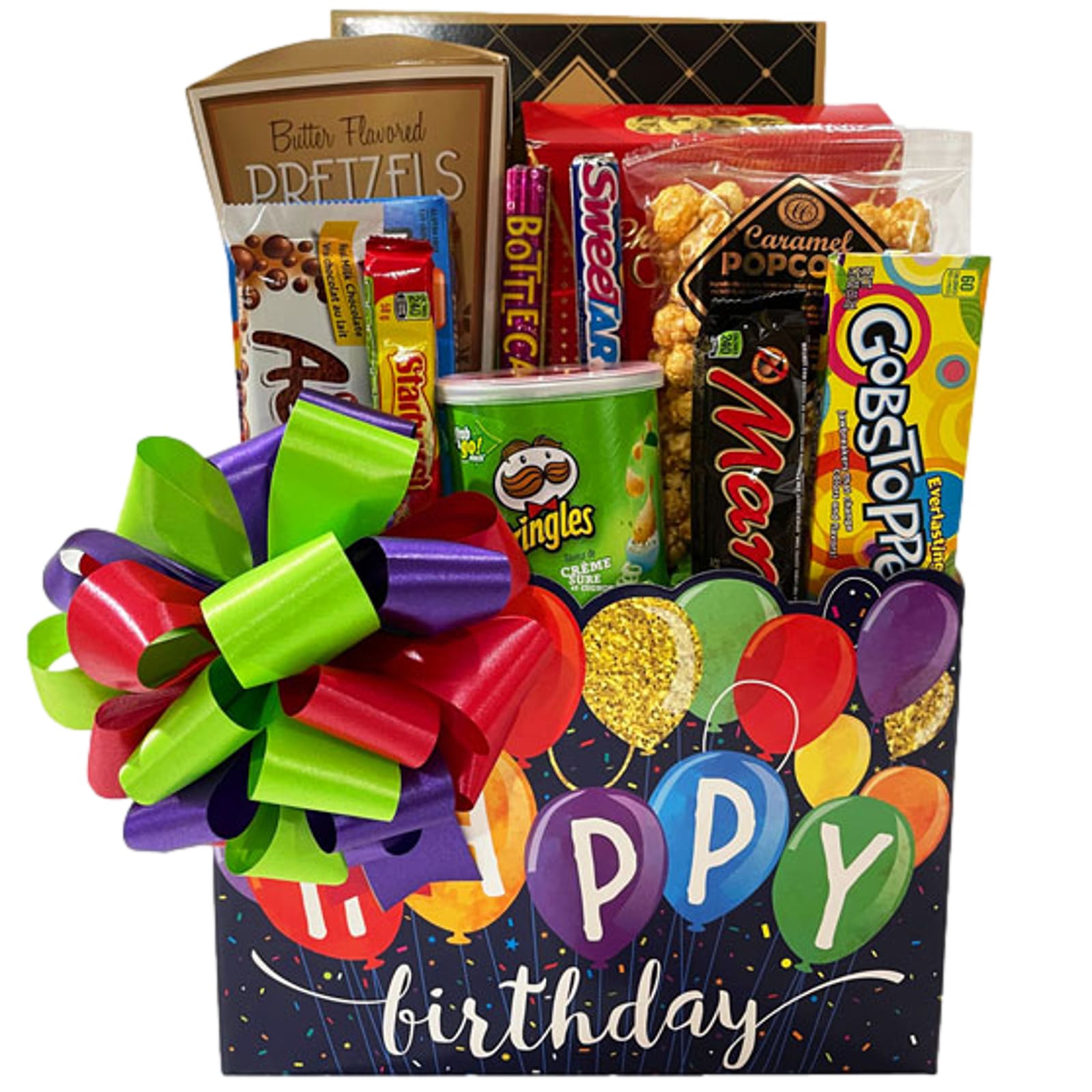 It's Your Birthday Gift Basket-an Aero chocolate bar, caramel popcorn, chocolate chip cookies, butter pretzels, Pringle's potato chips, a Mars chocolate bar, Gobstoppers, Aunt Gloria sugar cookies, theater size box of Mike & Ike, Starburst, Wonka Bottlecaps and Wonka Sweetarts