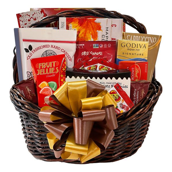Lasting Impressions Gift Basket filled with gourmet cookies, Godiva chocolates, brownies, crackers, candies, biscotti, fudge, peanut crunch and more