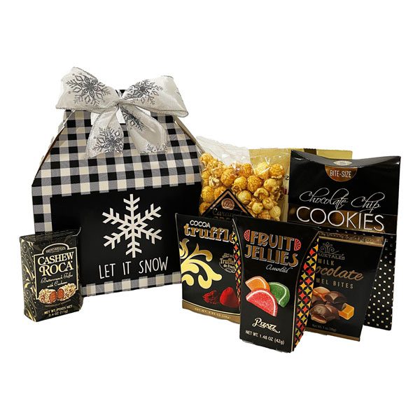 Let It Snow Gift Box with milk chocolate caramel bites, fruit jellies, salty and sweet nuts, cocoa truffles, cashew roca, caramel corn and chocolate chip cookies