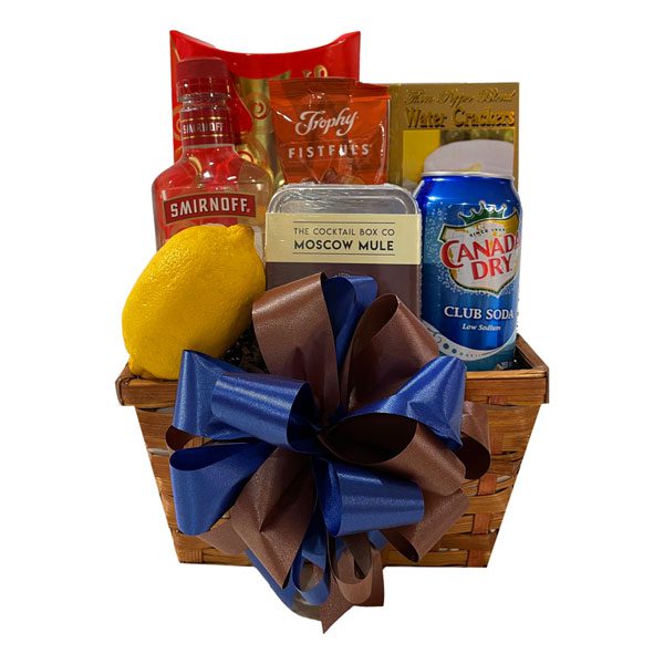 Moscow Mule & Munchies Cocktail Gift Basket-includes cocktail kit, vodka, club soda, lemon, crackers, smoked salmon, nut mix