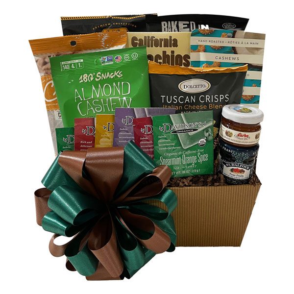Natural Gift Basket with 180 Degree almond cashew clusters, Baked in Brooklyn pita chips, Nature's Joy pistachio nuts, Davidson's teas (6), St Dalfour fruit spread, Darbo honey, Dolcetto Tuscan crisps, Bali's Best coffee candy, Handfuel toasted coconut cashews and cannoli chips