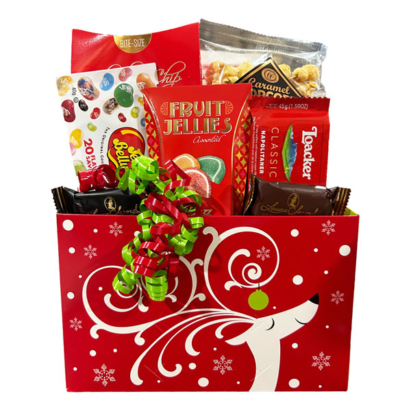 Oh So Dashing Christmas Gift Box-Laura Secord fudge, cocoa, Loacker wafers, Christmas Jelly Belly jelly beans, fruit jellies, caramel popcorn, chocolate chip cookies and peppermint candies