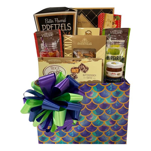 Priviledged-inside you will find snack mix with wasabi peas, butter pretzels, fruit spread, sugar cookies, maple fudge, Roca Bites, honey, biscotti, sangria and margarita drink mix (add alcohol or make without)