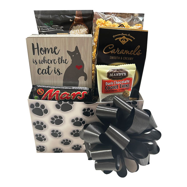 Purrrfect Gift Basket-with Primrose caramels, Mandy's dark chocolate cookie thins, a cat plaque, sesame chips, caramel popcorn and a Mars bar.