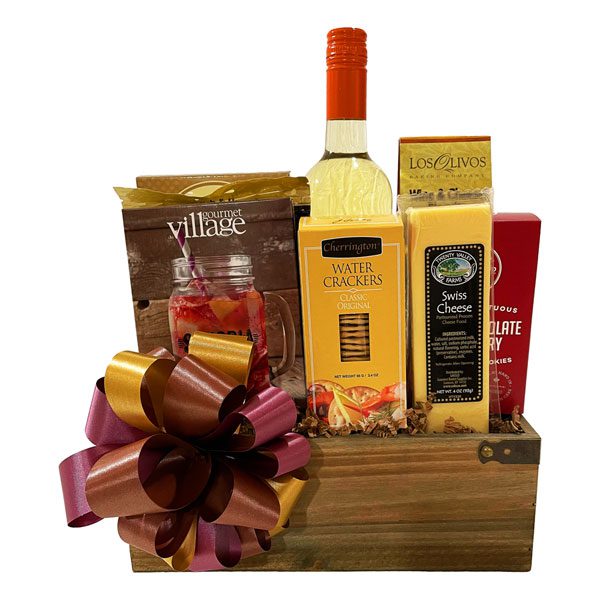 Sangria and Snacks Gift Basket, with Sangria mix, wine, cheese, crackers, shortbread, pretzels, wine and cheese bisquits and wine gums